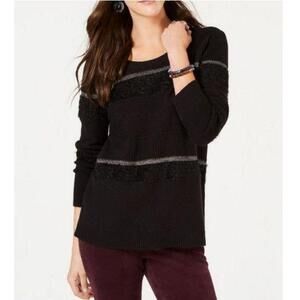 Style & Co Mixed-Knit Metallic-Striped Sweater Deep Black PP